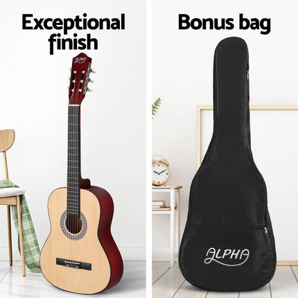 Alpha 39 Inch Classical Guitar Wooden Body Nylon String Beginner Gift Natural.