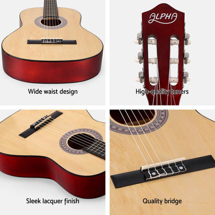 Alpha 39 Inch Classical Guitar Wooden Body Nylon String Beginner Gift Natural.