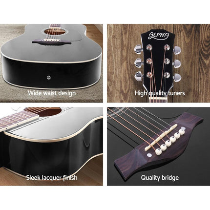 Alpha 41 Inch Acoustic Guitar Wooden Body Steel String Dreadnought Black.