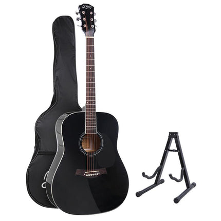 Alpha 41 Inch Acoustic Guitar Wooden Body Steel String Dreadnought Stand Black.