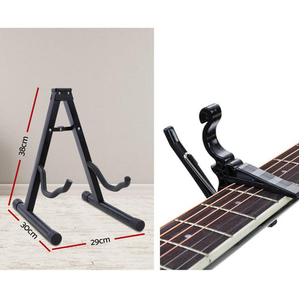 Alpha 41 Inch Acoustic Guitar Wooden Body Steel String Dreadnought Stand Black.