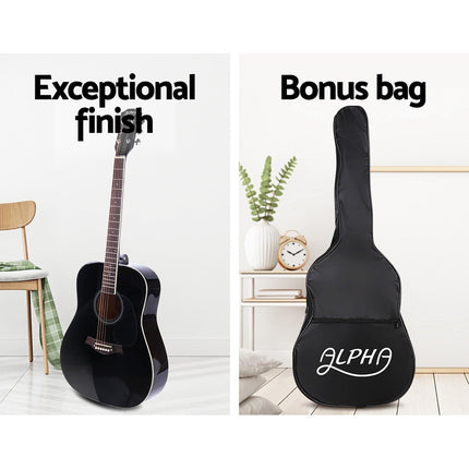 Alpha 41 Inch Acoustic Guitar Wooden Body Steel String Dreadnought Stand Black.