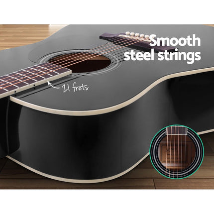 Alpha 41 Inch Acoustic Guitar Wooden Body Steel String Dreadnought Stand Black.