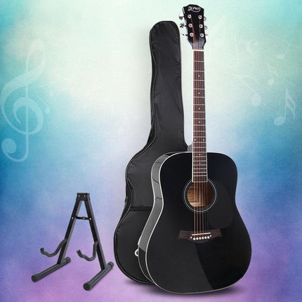 Alpha 41 Inch Acoustic Guitar Wooden Body Steel String Dreadnought Stand Black.