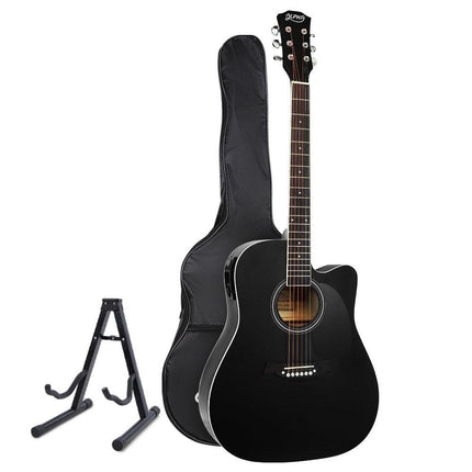 Alpha 41 Inch Acoustic Guitar Equaliser Electric Output Cutaway w/ Stand Black.