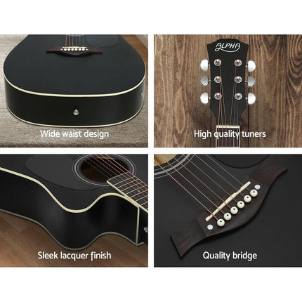 Alpha 41 Inch Acoustic Guitar Equaliser Electric Output Cutaway w/ Stand Black.