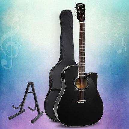 Alpha 41 Inch Acoustic Guitar Equaliser Electric Output Cutaway w/ Stand Black.