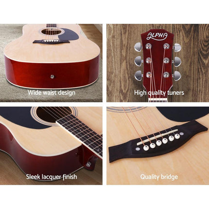 Alpha 41 Inch Acoustic Guitar Wooden Body Steel String Dreadnought Wood.