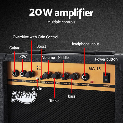Alpha Electric Guitar Music String Instrument 20W Amplifier Black.