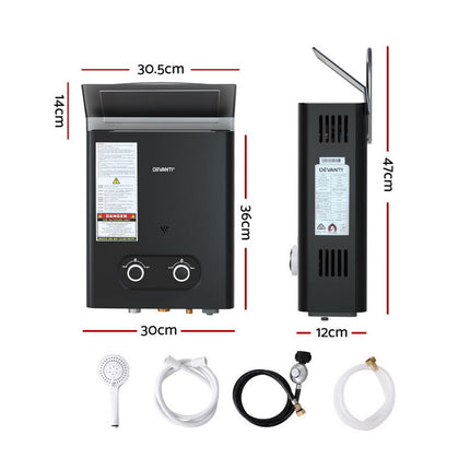 Devanti Portable Gas Water Heater LPG-powered System Black.
