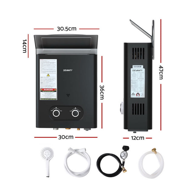 Devanti Portable Gas Water Heater LPG-powered System Black.