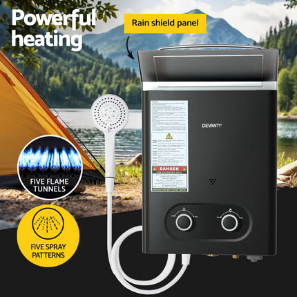 Devanti Portable Gas Water Heater LPG-powered System Black.
