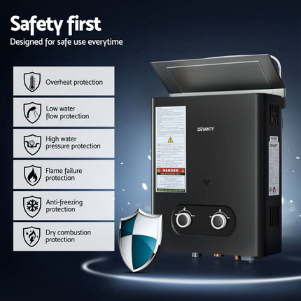Devanti Portable Gas Water Heater LPG-powered System Black.
