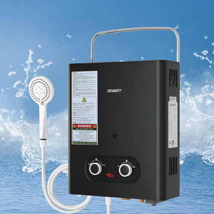 Devanti Portable Gas Water Heater LPG-powered System Black.