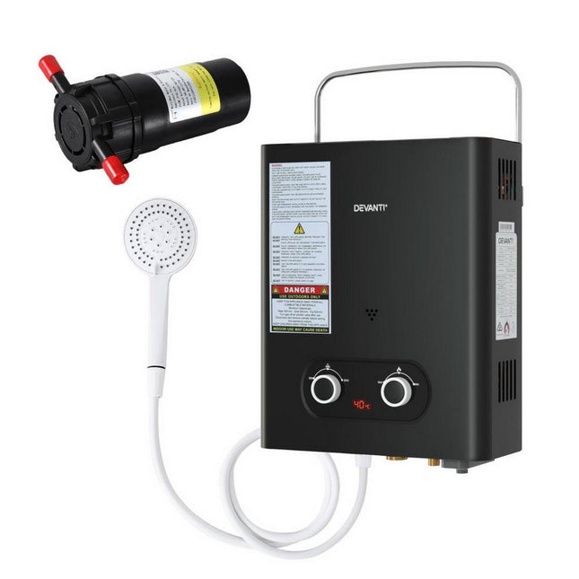 Devanti Portable Gas Water Heater LPG-powered System Black With Pump.