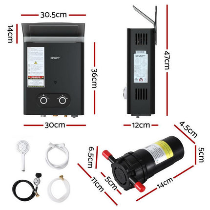 Devanti Portable Gas Water Heater LPG-powered System Black With Pump.