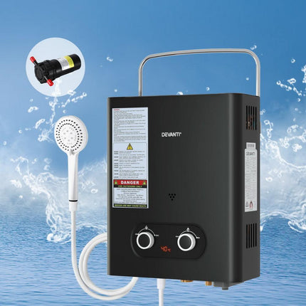 Devanti Portable Gas Water Heater LPG-powered System Black With Pump.