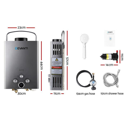 Devanti Portable Gas Water Heater With Pump LPG System Grey.