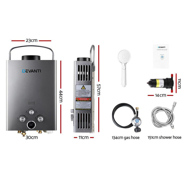 Devanti Portable Gas Water Heater With Pump LPG System Grey.