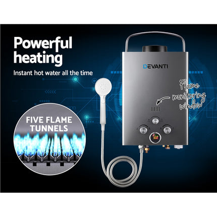 Devanti Portable Gas Water Heater LPG System Grey.