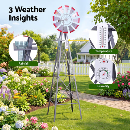Gardeon Garden Windmill Metal Weather Station with Rain Gauge 243cm Silver