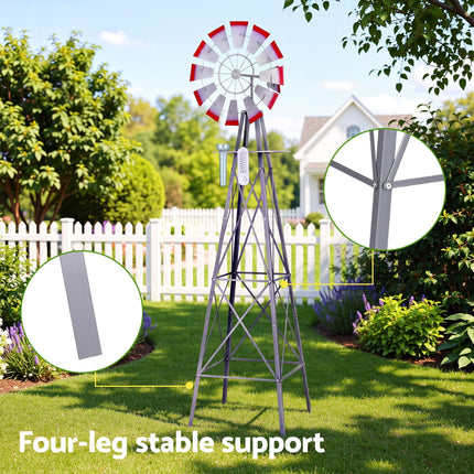 Gardeon Garden Windmill Metal Weather Station with Rain Gauge 243cm Silver