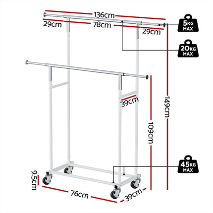 Artiss Clothes Rack Double Rod Airer Rail Coat Stand Adjustable Hanger.