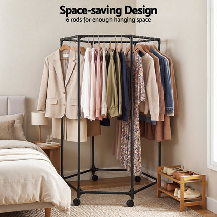 Artiss Clothes Rack Airer Rail Coat Stand Wheels 6 Rods.