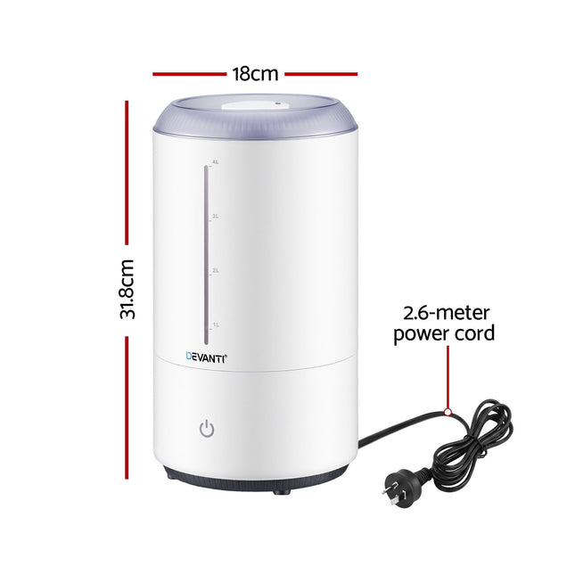 Devanti Ultrasonic Humidifier Aroma Diffuser Top Fill Quiet Bedroom 4L White.