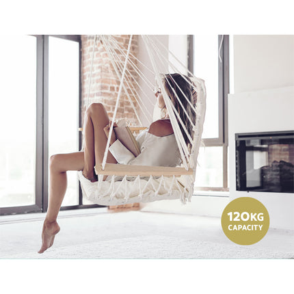 Gardeon Hammock Chair Hanging with Armrest Camping Hammocks Cream.