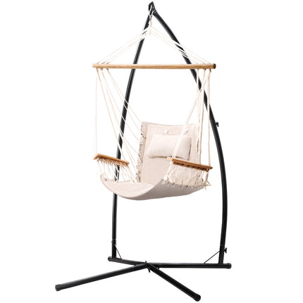 Gardeon Hammock Chair with Steel Stand Armrest Outdoor Hanging Cream.