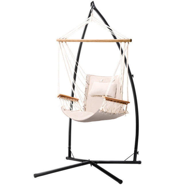 Gardeon Hammock Chair with Steel Stand Armrest Outdoor Hanging Cream.