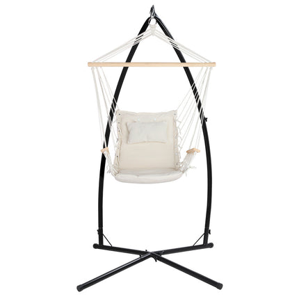 Gardeon Hammock Chair with Steel Stand Armrest Outdoor Hanging Cream.