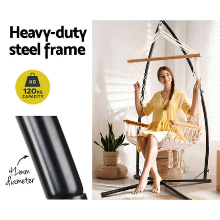 Gardeon Hammock Chair with Steel Stand Armrest Outdoor Hanging Cream.