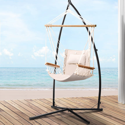 Gardeon Hammock Chair with Steel Stand Armrest Outdoor Hanging Cream.