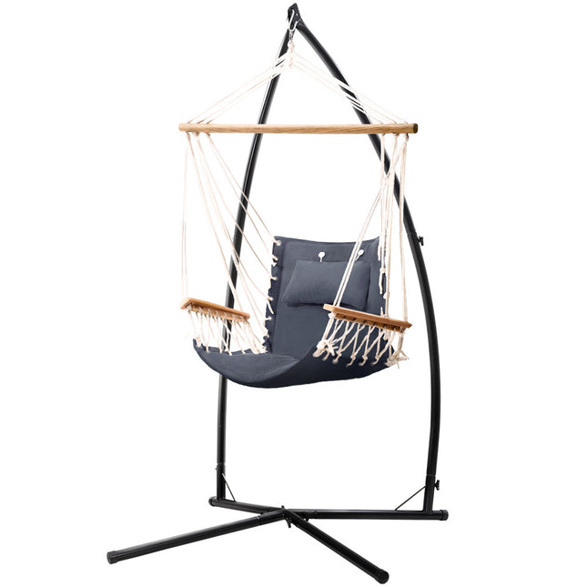 Gardeon Hammock Chair with Steel Stand Armrest Outdoor Hanging Grey.