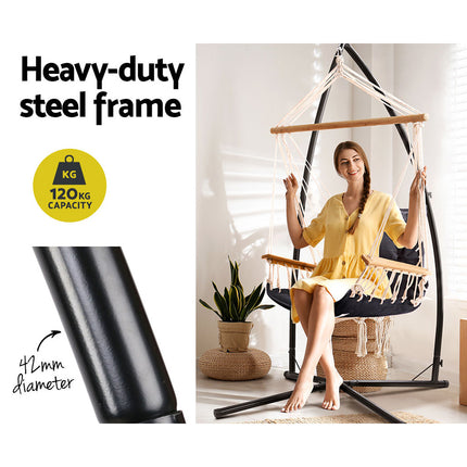 Gardeon Hammock Chair with Steel Stand Armrest Outdoor Hanging Grey.