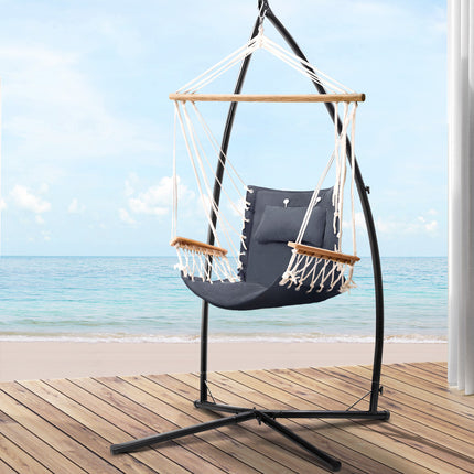 Gardeon Hammock Chair with Steel Stand Armrest Outdoor Hanging Grey.