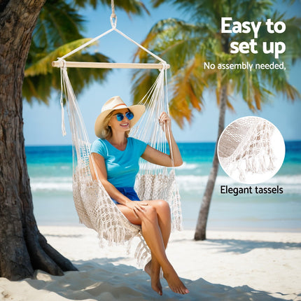 Gardeon Hammock Chair Swing Camping Mesh Cream.