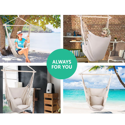 Gardeon Hammock Chair Outdoor Camping Hanging Hammocks Cushion Pillow Cream.