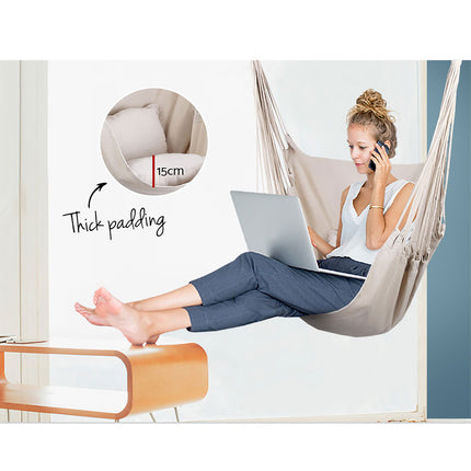 Gardeon Hammock Chair Outdoor Camping Hanging Hammocks Cushion Pillow Cream.