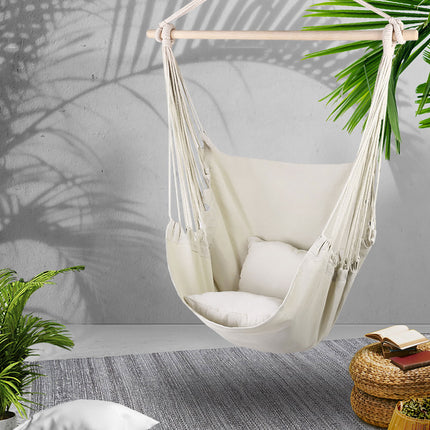Gardeon Hammock Chair Outdoor Camping Hanging Hammocks Cushion Pillow Cream.