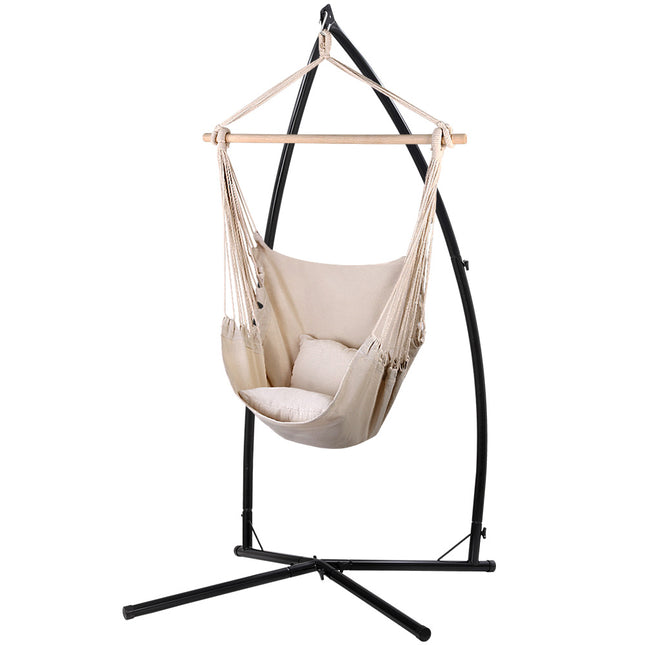 Gardeon Hammock Chair Outdoor Camping Hanging with Steel Stand Cream.