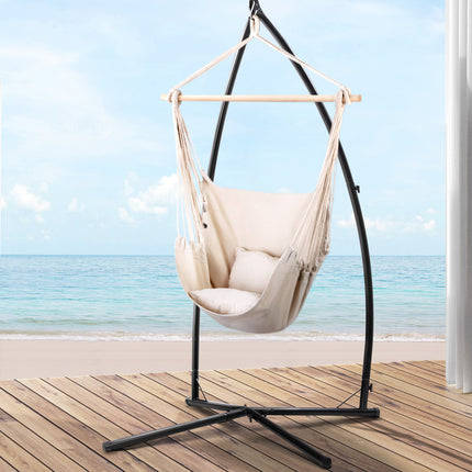 Gardeon Hammock Chair Outdoor Camping Hanging with Steel Stand Cream.