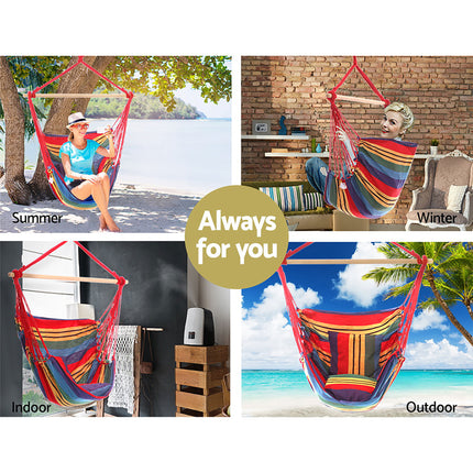 Gardeon Hammock Chair Outdoor Camping Hanging Hammocks Cushion Pillow Rainbow.