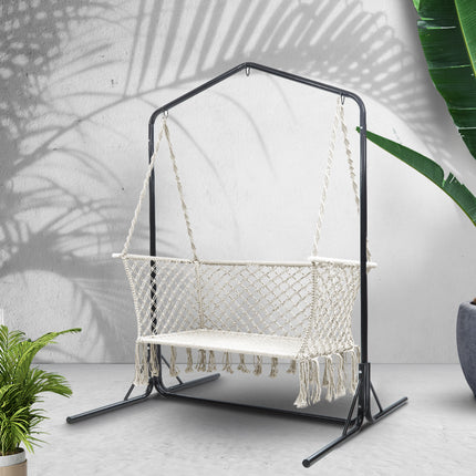 Gardeon Hammock Chair with Stand Macrame Outdoor Garden 2 Seater Cream.