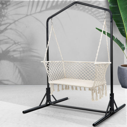 Gardeon Hammock Chair with Stand Macrame Outdoor Garden 2 Seater Cream.