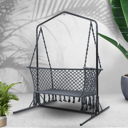 Gardeon Hammock Chair with Stand Macrame Outdoor Garden 2 Seater Grey.