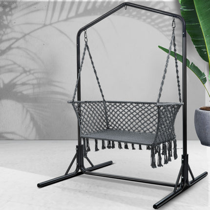 Gardeon Hammock Chair with Stand Macrame Outdoor Garden 2 Seater Grey.