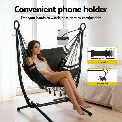 Gardeon Hammock Chair Stand Iron Frame w/ Phone Holder Black.